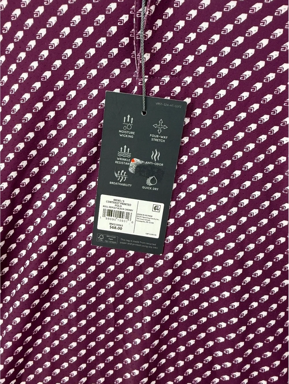 Men’s S Contrast Printed Golf Polo Black Cherry Roll Repeat NWT $68